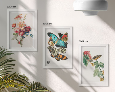 Tríptico com moldura Flores, borboletas e um pássaro em tons pastel.