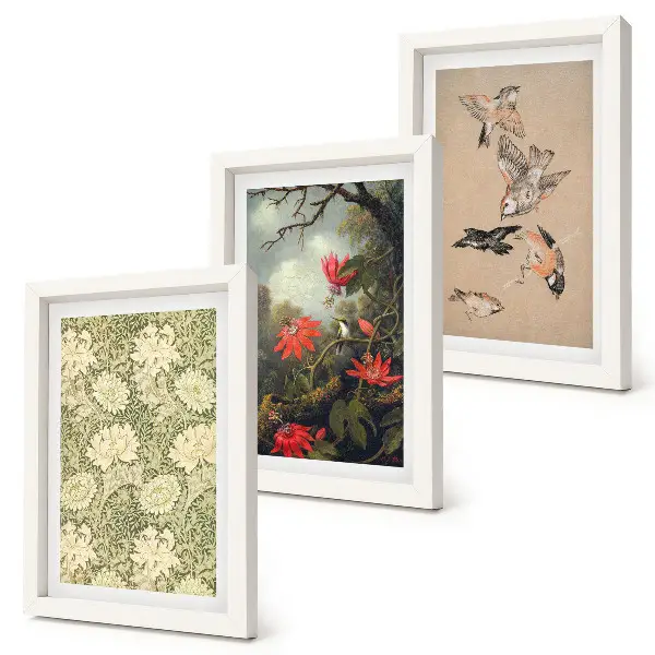 Conjunto de 3 quadros decorativos com estampa de flores e pássaros em ambiente natural