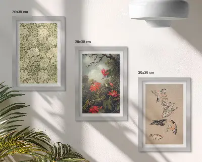Conjunto de 3 quadros decorativos com estampa de flores e pássaros em ambiente natural
