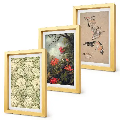 Conjunto de 3 quadros decorativos com estampa de flores e pássaros em ambiente natural