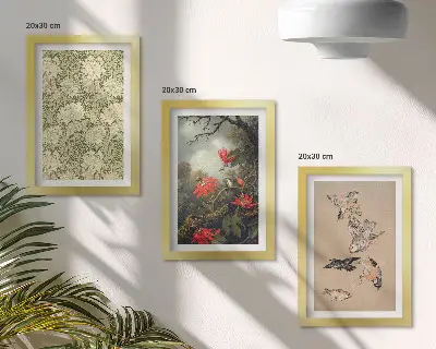Conjunto de 3 quadros decorativos com estampa de flores e pássaros em ambiente natural