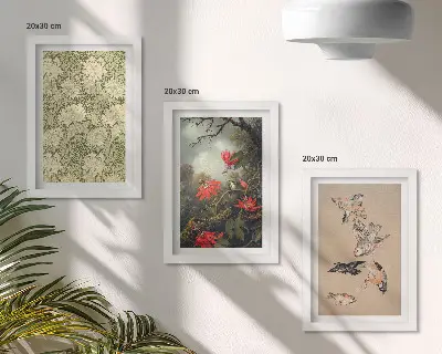 Conjunto de 3 quadros decorativos com estampa de flores e pássaros em ambiente natural