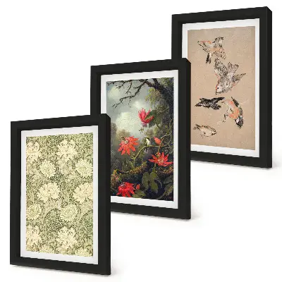 Conjunto de 3 quadros decorativos com estampa de flores e pássaros em ambiente natural