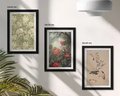 Conjunto de 3 quadros decorativos com estampa de flores e pássaros em ambiente natural
