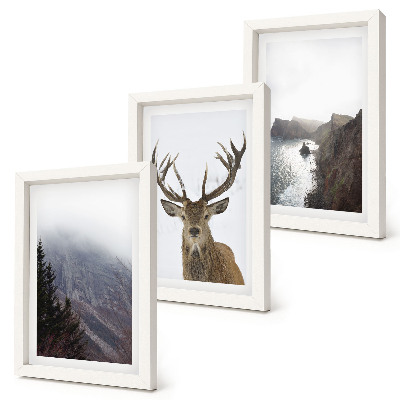 Conjunto de 3 quadros decorativos Paisagem montanhosa com nevoeiro, água e veados.