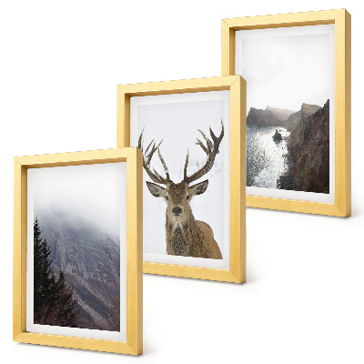 Conjunto de 3 quadros decorativos Paisagem montanhosa com nevoeiro, água e veados.