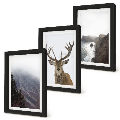 Conjunto de 3 quadros decorativos Paisagem montanhosa com nevoeiro, água e veados.