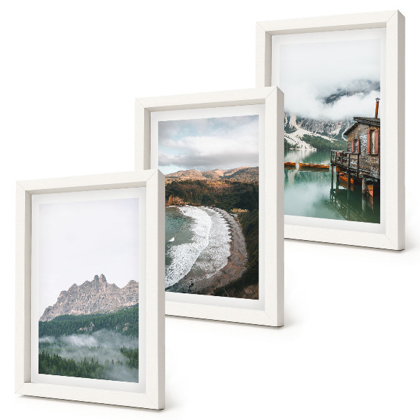 Conjunto de 3 quadros decorativos Paisagens montanhosas com praia e casa de madeira