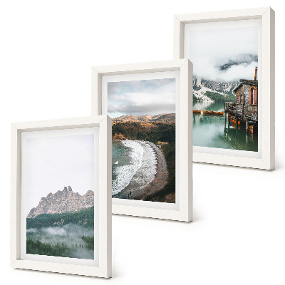 Conjunto de 3 quadros decorativos Paisagens montanhosas com praia e casa de madeira