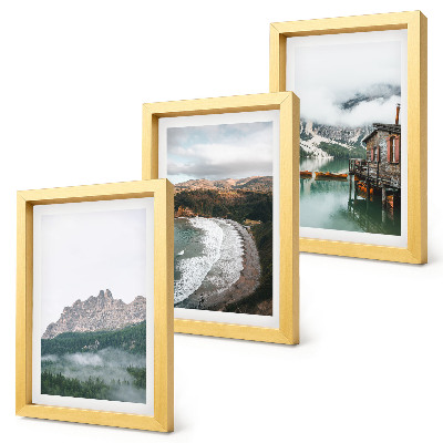 Conjunto de 3 quadros decorativos Paisagens montanhosas com praia e casa de madeira