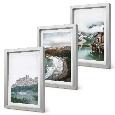 Conjunto de 3 quadros decorativos Paisagens montanhosas com praia e casa de madeira
