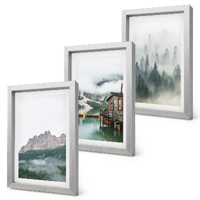 Conjunto de 3 quadros decorativos Montanhas, lago, chalé e neblina na floresta.