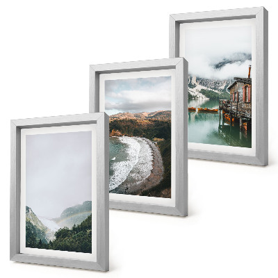 Conjunto de 3 quadros decorativos Vista para a montanha e para a praia com nuvens e água.