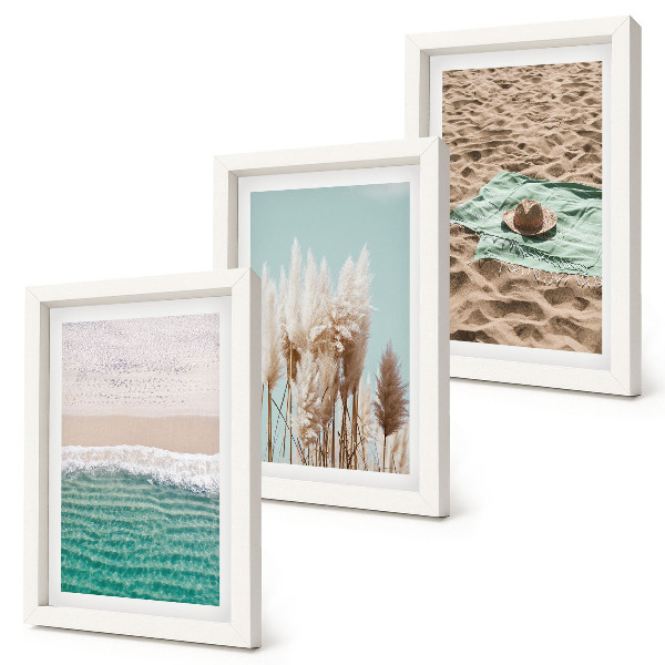 Conjunto de 3 quadros decorativos Praia, ondas, grama, chapéu, areia, relaxamento, natureza