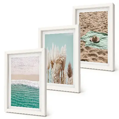 Conjunto de 3 quadros decorativos com estética de praia, ondas, grama, chapéu e areia para relaxamento e natureza