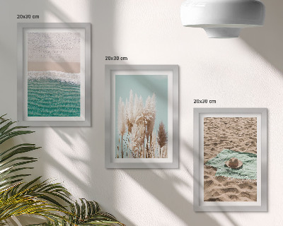 Conjunto de 3 quadros decorativos Praia, ondas, grama, chapéu, areia, relaxamento, natureza