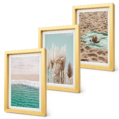 Conjunto de 3 quadros decorativos Praia, ondas, grama, chapéu, areia, relaxamento, natureza