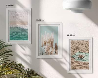 Conjunto de 3 quadros decorativos Praia, ondas, grama, chapéu, areia, relaxamento, natureza