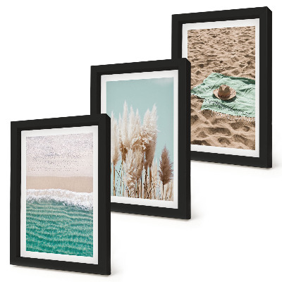 Conjunto de 3 quadros decorativos Praia, ondas, grama, chapéu, areia, relaxamento, natureza
