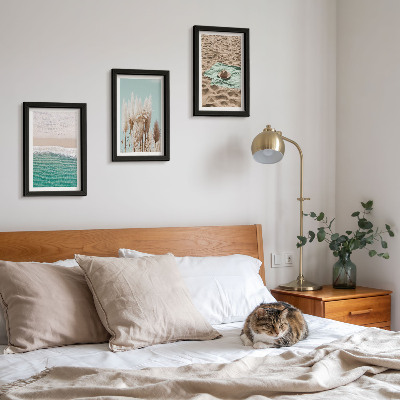 Conjunto de 3 quadros decorativos Praia, ondas, grama, chapéu, areia, relaxamento, natureza