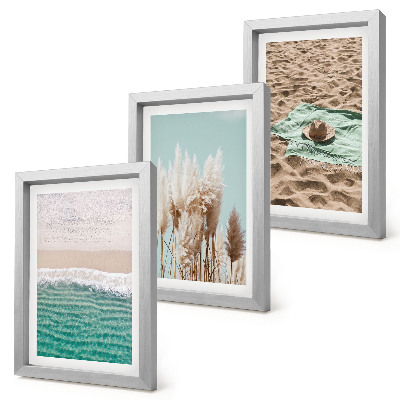 Conjunto de 3 quadros decorativos Praia, ondas, grama, chapéu, areia, relaxamento, natureza
