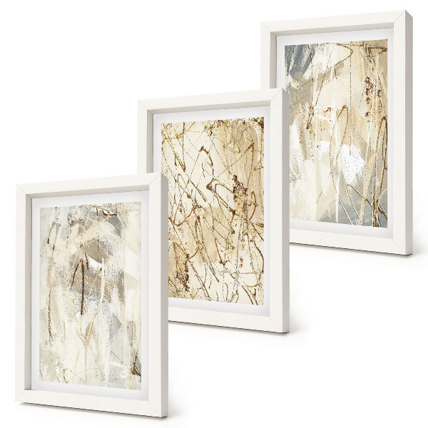 Tríptico com moldura Padrões abstratos em tons de bege e cinza.