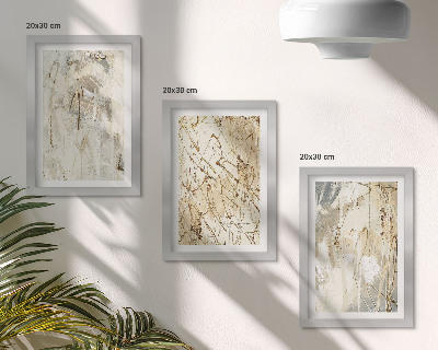 Tríptico com moldura Padrões abstratos em tons de bege e cinza.