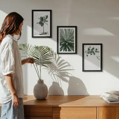 Conjunto de 3 quadros decorativos com estampas de plantas verdes em estilo minimalista