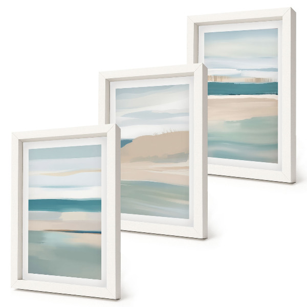 Tríptico com moldura Paisagens abstratas em tons de azul e bege.