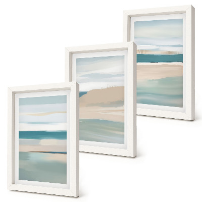 Tríptico com moldura Paisagens abstratas em tons de azul e bege.