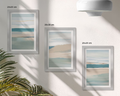 Tríptico com moldura Paisagens abstratas em tons de azul e bege.