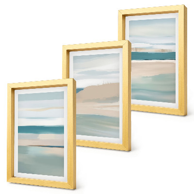 Tríptico com moldura Paisagens abstratas em tons de azul e bege.
