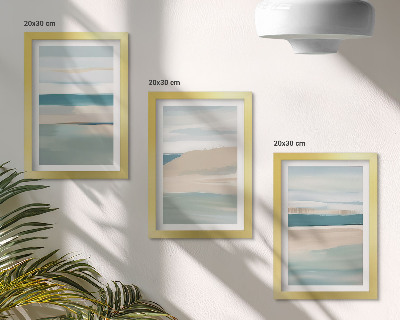 Tríptico com moldura Paisagens abstratas em tons de azul e bege.