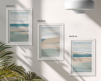 Tríptico com moldura Paisagens abstratas em tons de azul e bege.