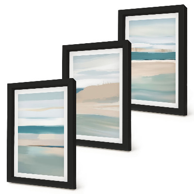 Tríptico com moldura Paisagens abstratas em tons de azul e bege.