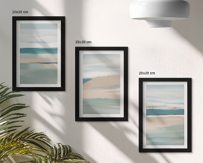 Tríptico com moldura Paisagens abstratas em tons de azul e bege.
