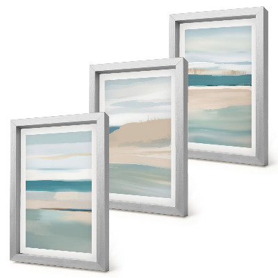 Tríptico com moldura Paisagens abstratas em tons de azul e bege.