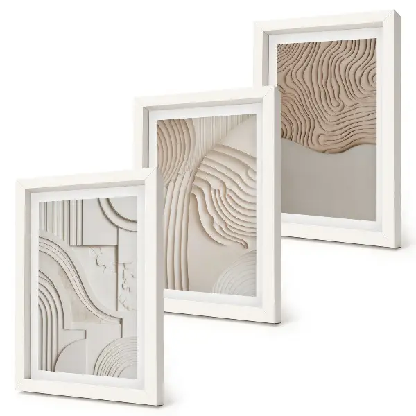 Conjunto de 3 quadros decorativos com padrões abstratos em tons de bege e branco
