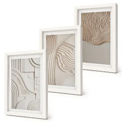 Conjunto de 3 quadros decorativos com padrões abstratos em tons de bege e branco