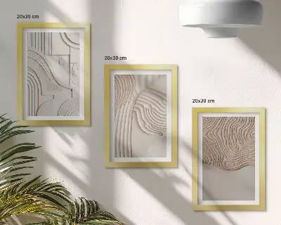Conjunto de 3 quadros decorativos com padrões abstratos em tons de bege e branco
