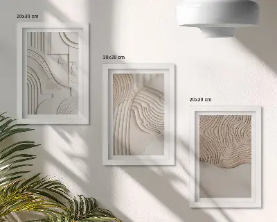 Conjunto de 3 quadros decorativos com padrões abstratos em tons de bege e branco