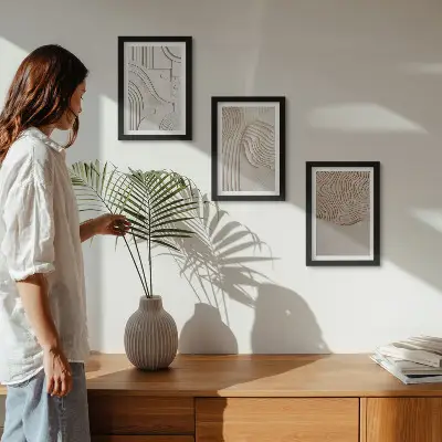 Conjunto de 3 quadros decorativos com padrões abstratos em tons de bege e branco