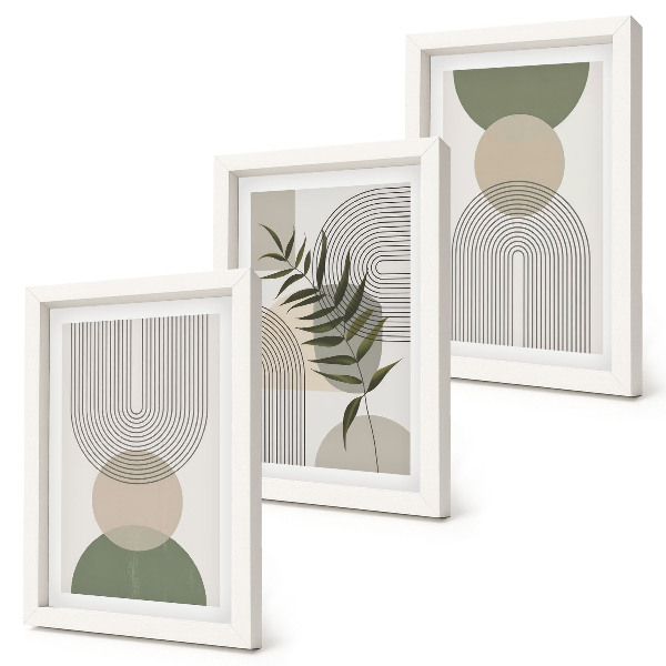 Tríptico com moldura Formas abstratas em tons de verde e bege