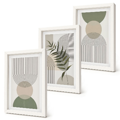 Tríptico com moldura Formas abstratas em tons de verde e bege