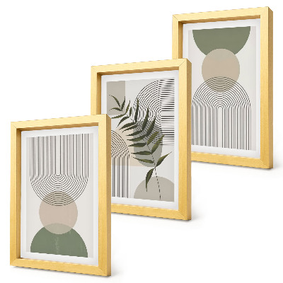 Tríptico com moldura Formas abstratas em tons de verde e bege