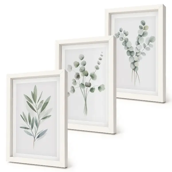 Conjunto de 3 quadros decorativos com padrões de plantas em tons de verde e cinza