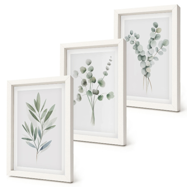 Conjunto de 3 quadros decorativos Padrões de plantas em tons de verde e cinza.