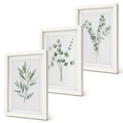 Conjunto de 3 quadros decorativos com padrões de plantas em tons de verde e cinza