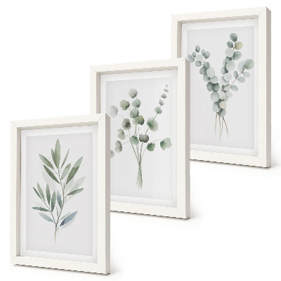 Conjunto de 3 quadros decorativos Padrões de plantas em tons de verde e cinza.