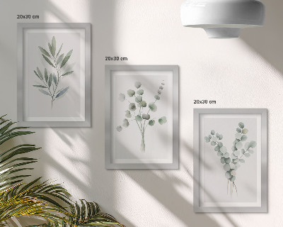 Conjunto de 3 quadros decorativos Padrões de plantas em tons de verde e cinza.
